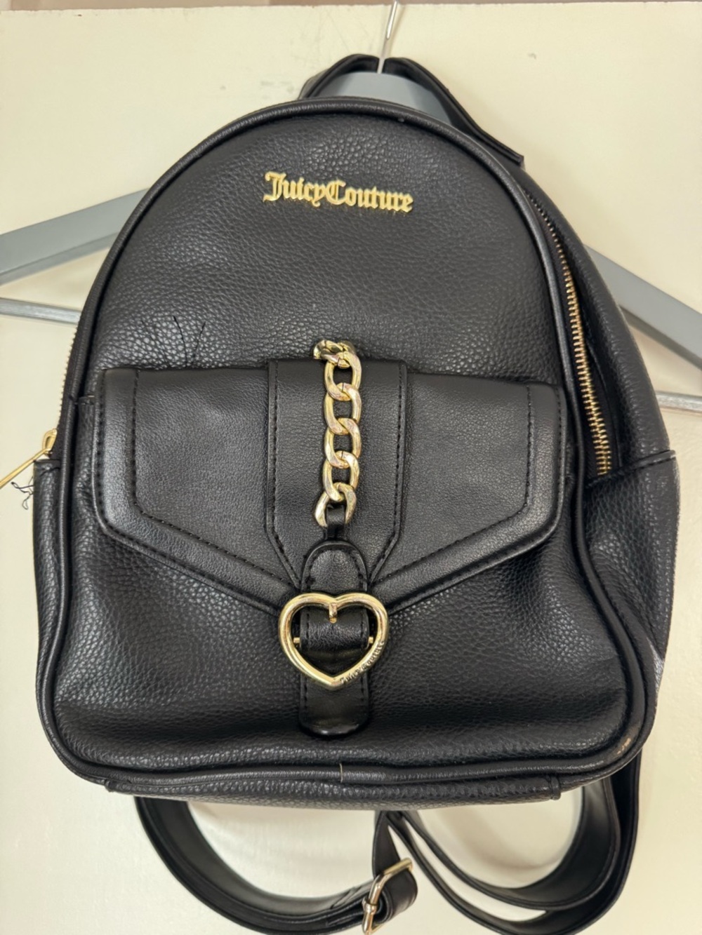 Juicy Couture Black Mini Backpack with Gold Heart Chain Accent